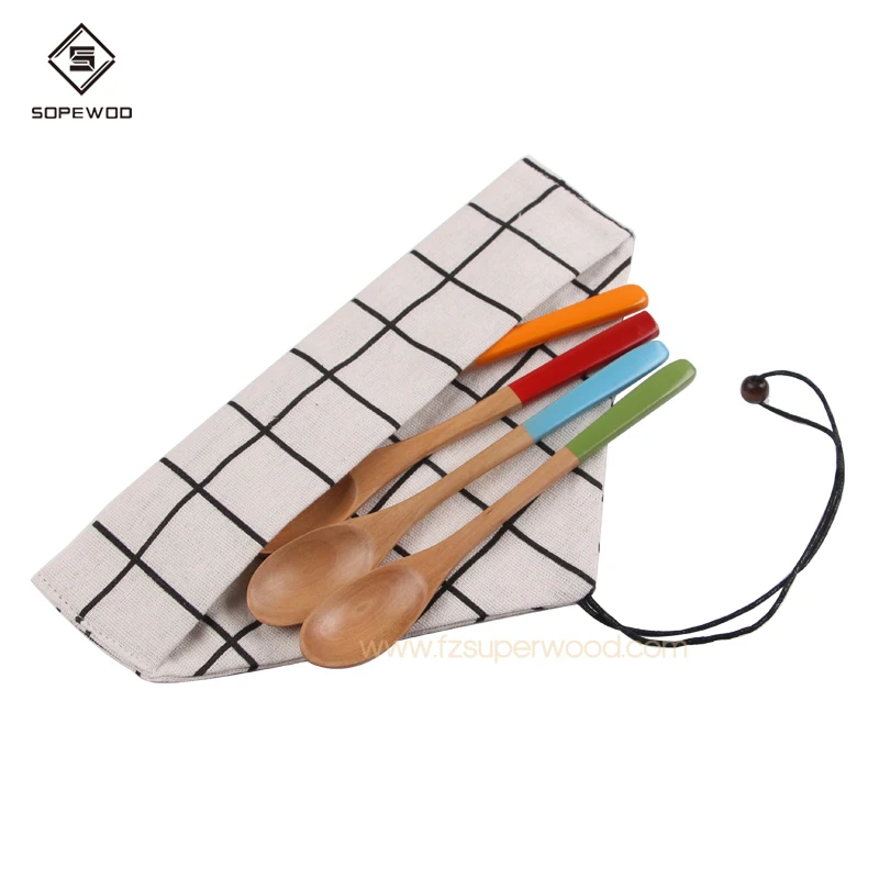

Reusable wood flatware sets wooden travel cutlery set with colorful handles
