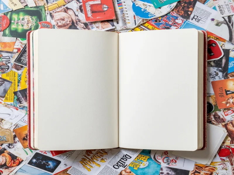 Open notebook with colorful magazine cutouts arranged artistically