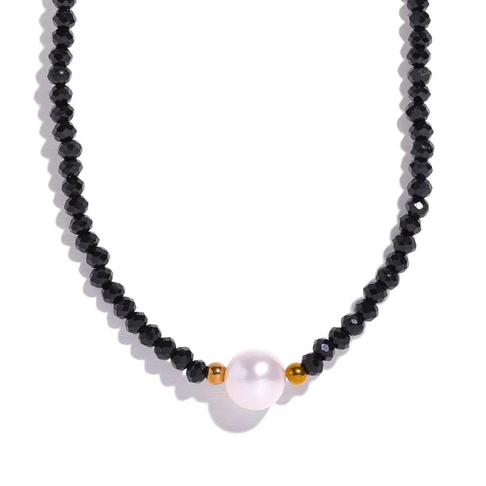 

JINYOU 1540 Black Crystal Beads Chain Stainless Steel Natural Pearl Collar Necklace Women Handmade Trade Trendy Simple Jewelry