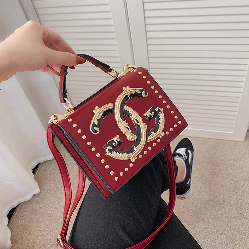 

custom logo designer hand bag ladies shoulder lock rivet pu serpentine leather square fashion women purse handbag, Picture