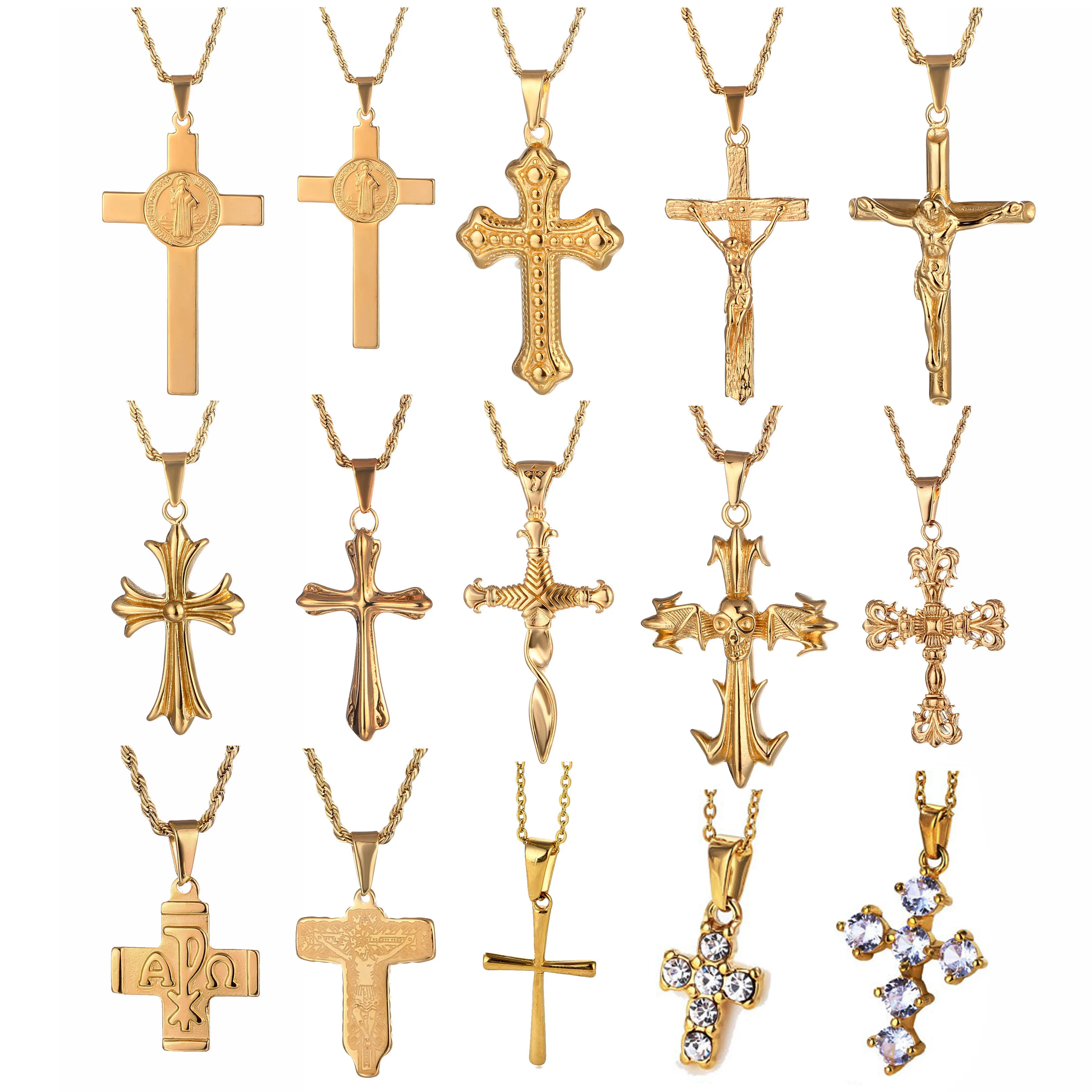 

Tarnish Free Crucifix Cross Pendant Streetwear Mens Necklace Pendant Stainless Steel Tennis Cross Necklace Real Gold Jewelry 18k