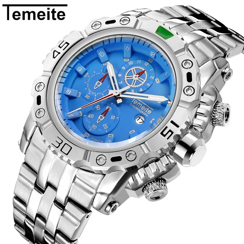 

TEMEITE 013G new design blue male quartz watch ECO Stainless steel band water proof Calendar character business watch set