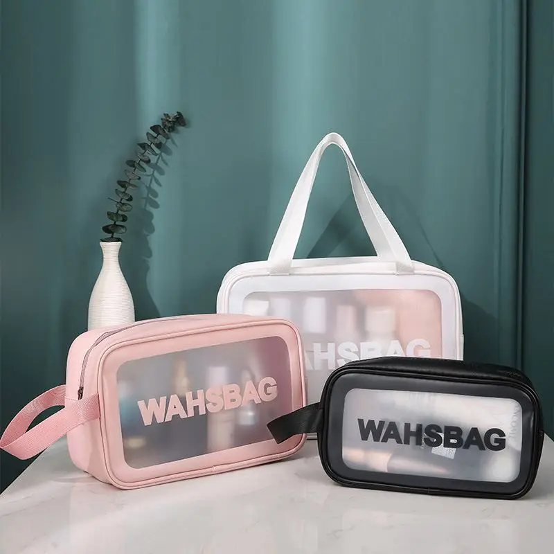 

Large Capacity Woman Waterproof Cosmetic Bag PVC Transparent Makeup Bag Leather Wash Toiletry Bag For Travel, White,pink,black