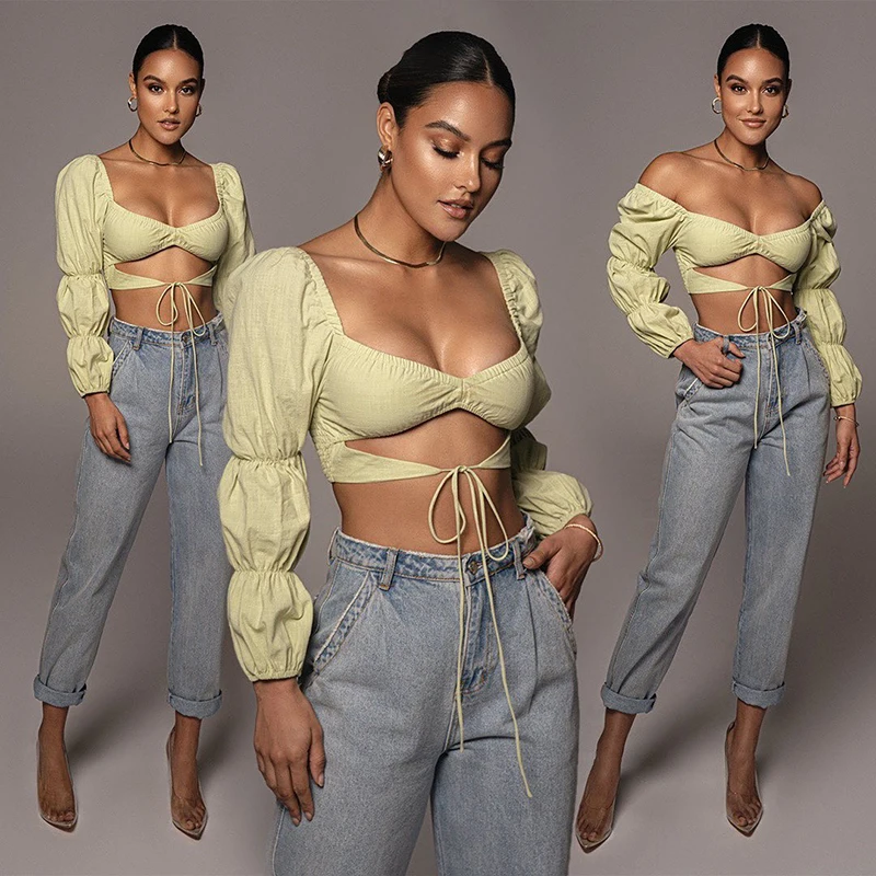 

white solid color v neck lace up long sleeve crop top blouses linen blouses for women, Green,white