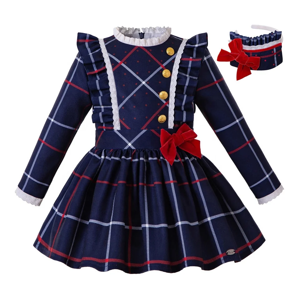 

OEM 2021 Pettigirl Weeding Dresses with Headbands Long Sleeve Plaid Teen Dress with Bow Toddler Girl Fashion Clothes, Blue