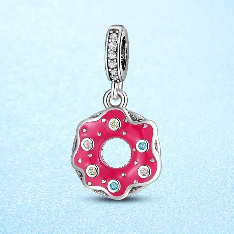 

Real 925 sterling silver Delicious Donuts Pendant Enamel red with zircon Charms for Bracelets Woman Accessories Dropshipping