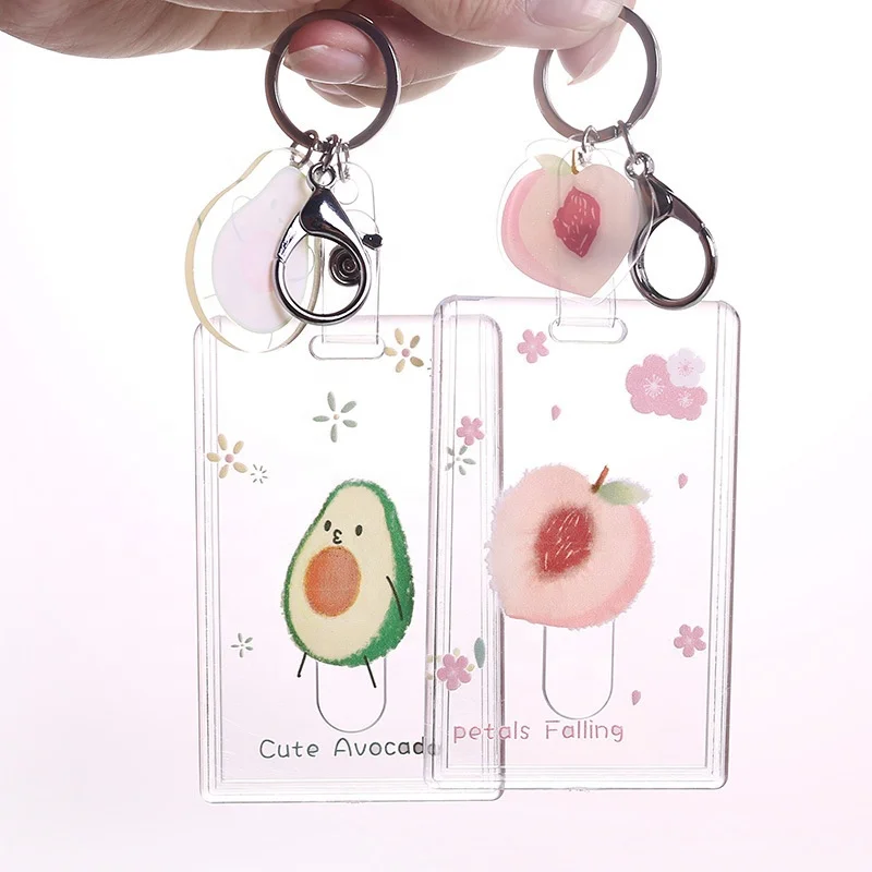 

Creative avocado card cover keychain bag charm, pink peach fresh student hanging acrylic charm keyring, business ID card holder, Glitter