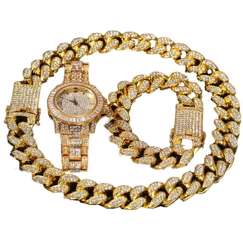 

Cuban Chain Necklace Bracelet Watch Jewelry Set Iced Out Hip Hop Jewelry For Men, Gold plated