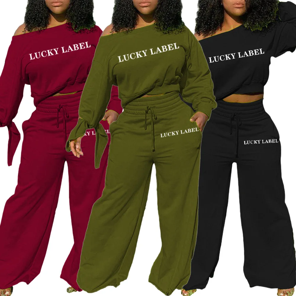 

Hot sale ladies fall casual two piece set solid color printed slash neck long sleeved loose pencil pants women 2 piece set, As shown in the picture or customized