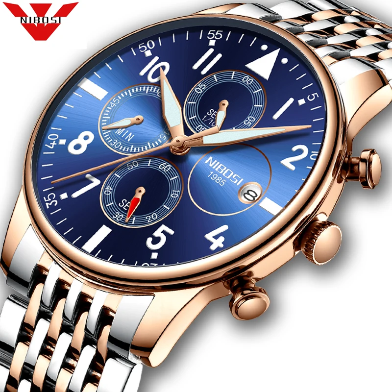

NIBOSI Men's Watches Military Luxury Brand Watch Mens Quartz Stainless Clock Fashion Chronograph Watch Three Straps Available