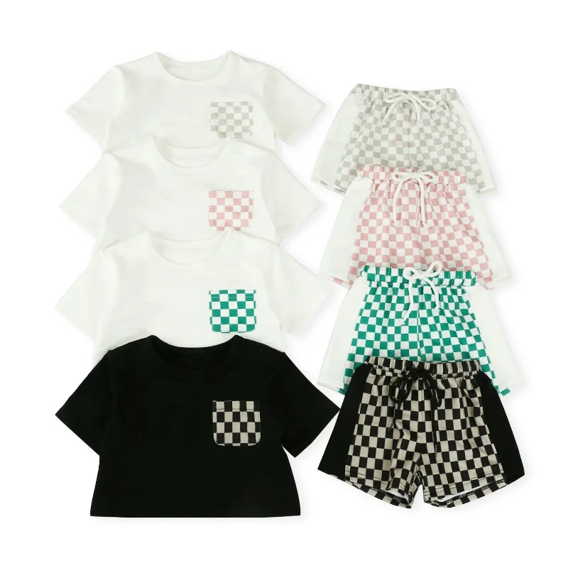 

High Quality Boutique Checkerboard Summer Baby Kid Sweatsuit Toddler Boys Clothing Sets