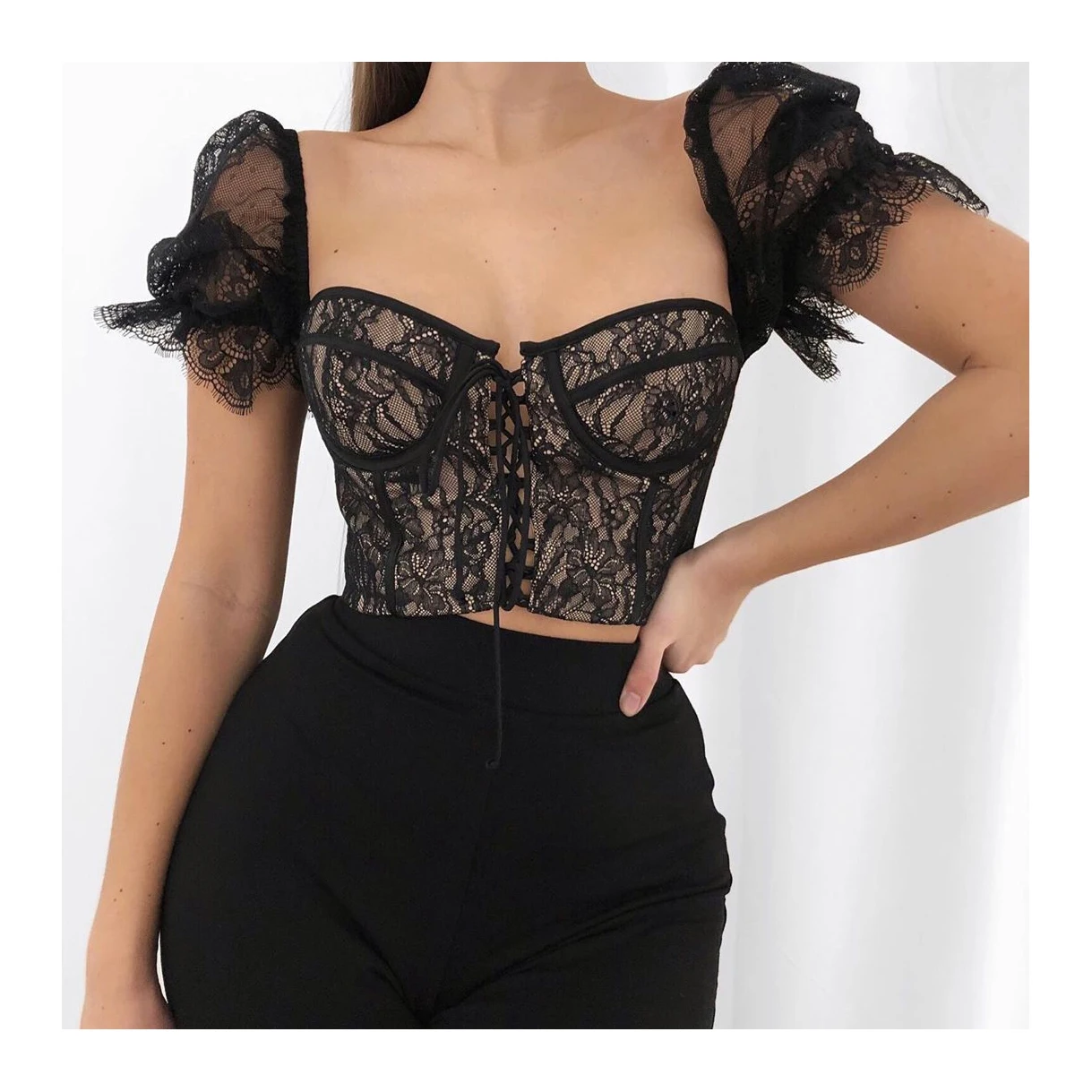 

Trendy Womens Sexy Black Lace Hollow Out Lace up Corset Top Puff Sleeve Crop Tops Bustiers Small Vest Top Corto de Manga Corta