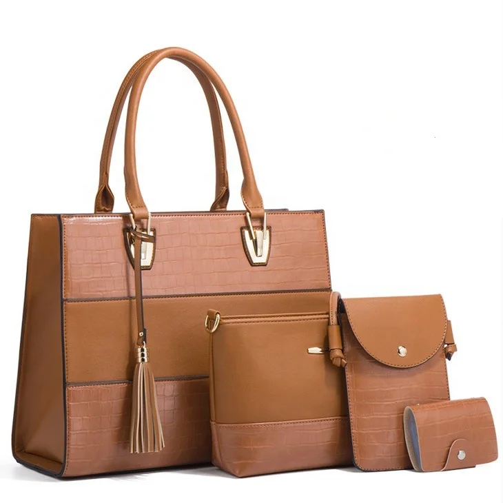 

New Designer Retro Crocodile Pattern 4pcs PU Leather Luxury Women Tote Hand Bags Ladies Handbag with Tassels