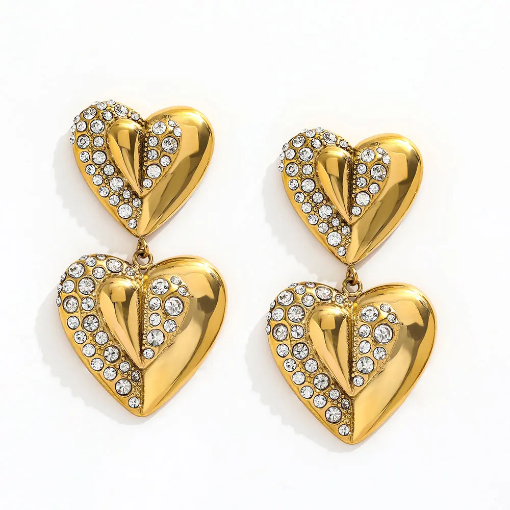 High End PVD 18K Gold Plated Waterproof Zirconia Half Pave Heart Dangle Tassel Earring Stainless Steel Fashion Jewelry Wholesale