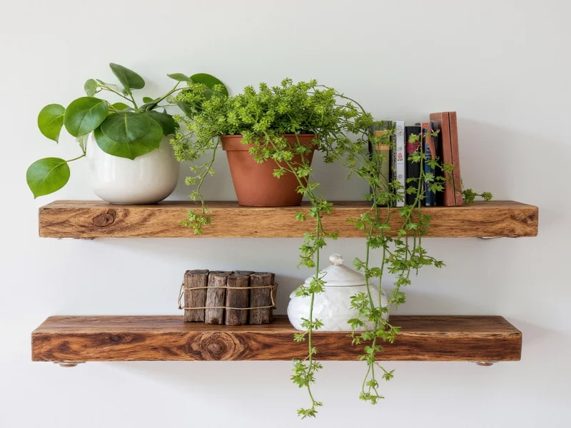 Handmade reclaimed wood shelf holding plants and books