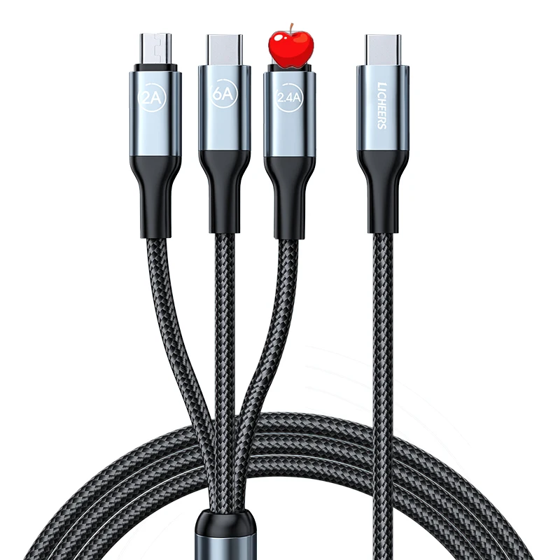 

Licheers 66W 3 IN 1 Type-C Cables 1.5 m Multi Function Fast Charging For Apple iPhone Type-C Micro Cable Charger, Black