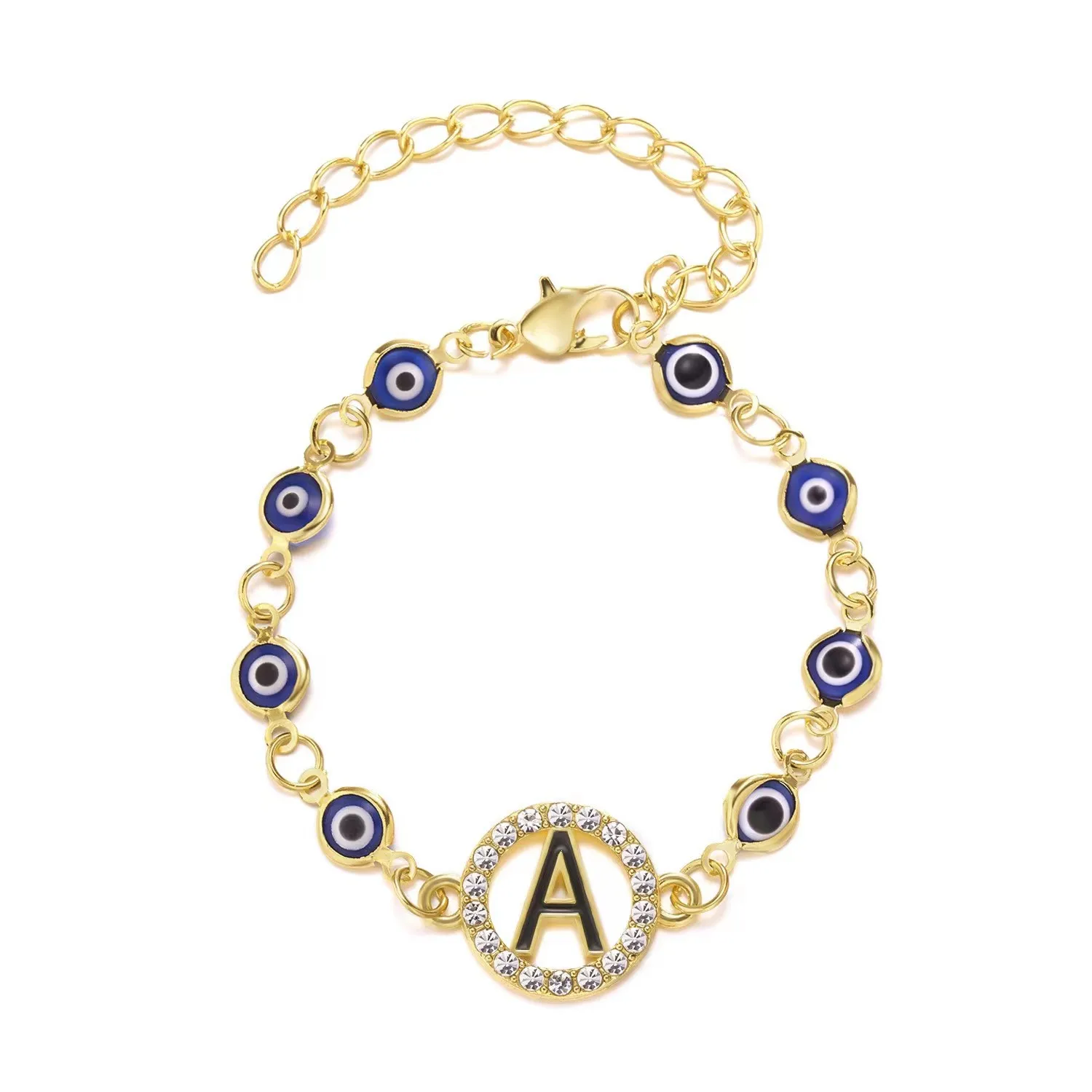 

Cross border hot sell Evil Eye bracelet personality 26 letters rhinestone blue eye alloy adjustable bracelet wholesale