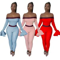 

09AF409 new style off shoulder full falred sleeve solid casual jumpsuit mujer women 2020 womens jumpsuits sexy