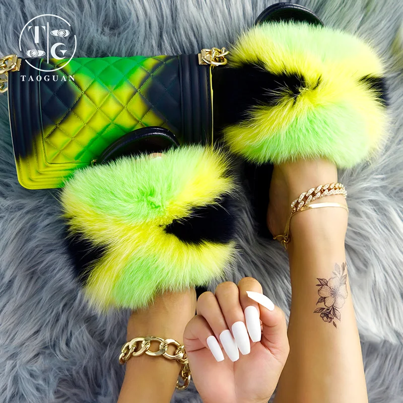 

Hot Woman Fluffy Fur Slides Fox Furry Slippers Jelly Shoulder Bag Shoes Sets purses with sandals Shoes With Matching Purse, Customized color