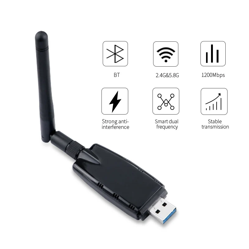 

WiFi USB For Desktop Laptop PC 1200M 802.11.b/g/n/ac Free Driver USB Adapter WiFi BT USB Adapter, Black