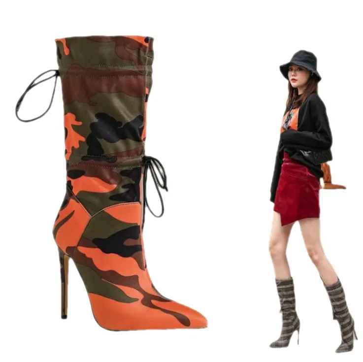 

Fashion Design Women Round Toe Mid Calf Camouflage Boots Elastic Ankle Stiletto High Heels Shoes Lace Up Short Booties Lady