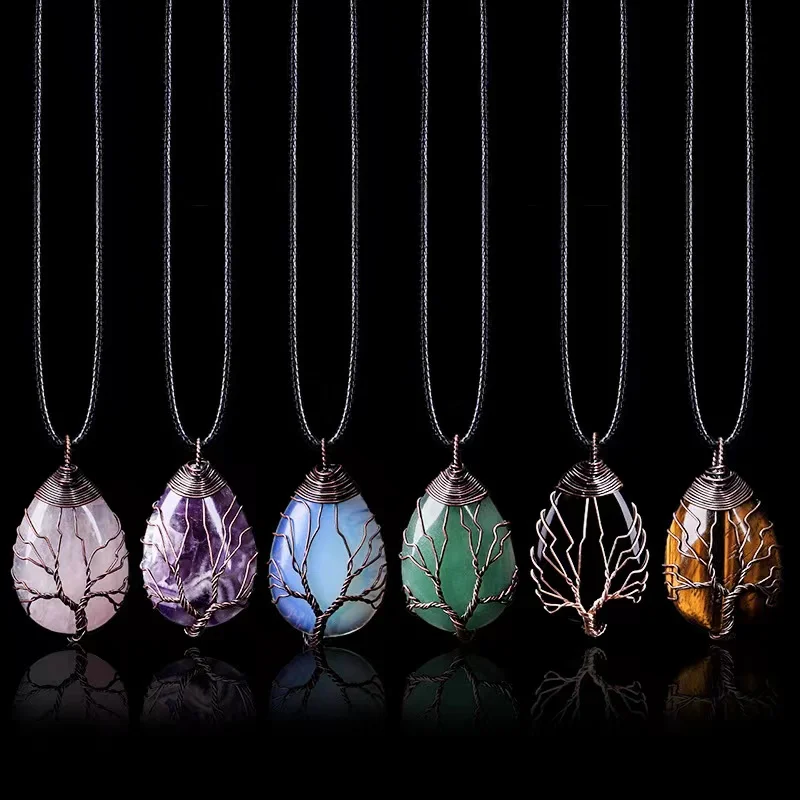 

PJ-C072 Handmade natural stone pendant, gold-plated winding tree of Life water drop pendant, Multicoloured
