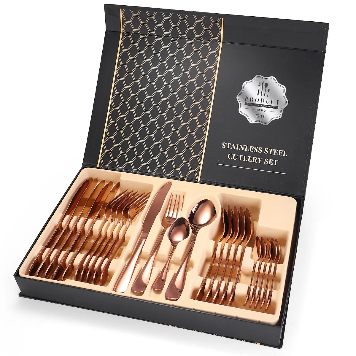 

Wholesale 24pc Eco friendly classic Stainless steel golden cutlery set, Sliver