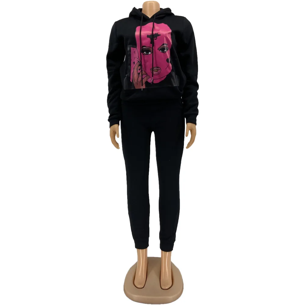 

European and American Autumn and Winter Women's Sweater Printed Casual Sports Ladies Two-piece Suit