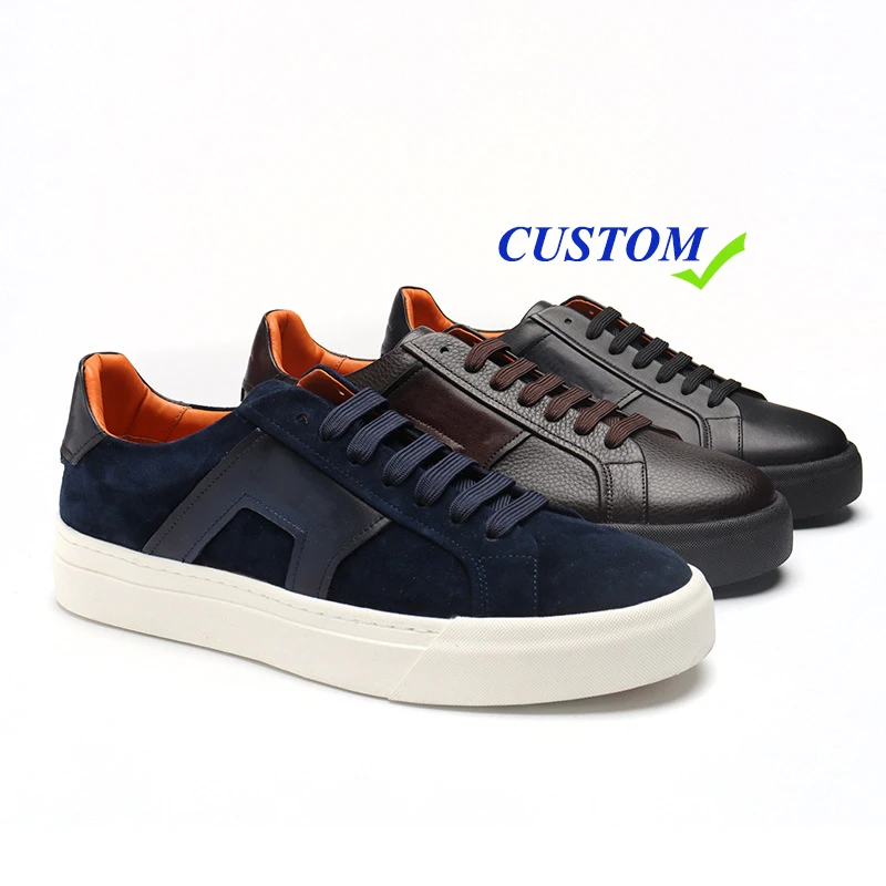 

custom high quality cow leather lace up flat skateboarding casual sneakers shoes for men