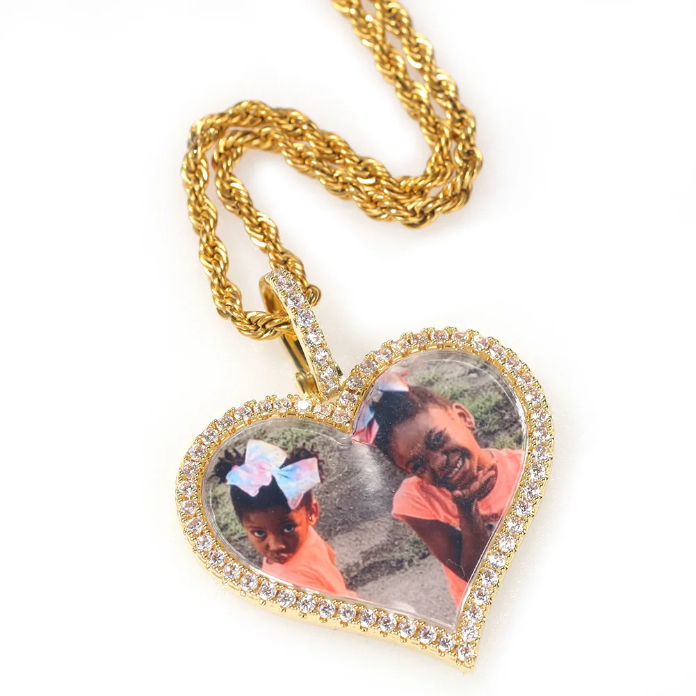 Customizable 45mm Iced Out CZ Heart-Shaped Photo Memory Frame Pendant Trendy Chakra Choker Necklace Rope Chain for Couples Gift