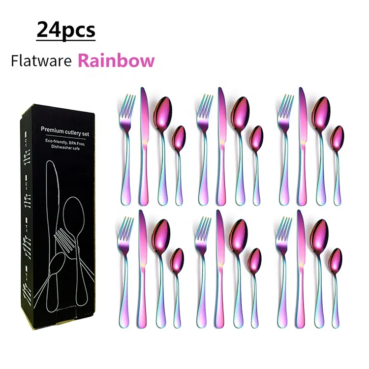 

Amazon hotsale Stainless Steel Spoon Fork Luxury Colorful Flatware Set 24pcs Cutlery Set with Gift Box