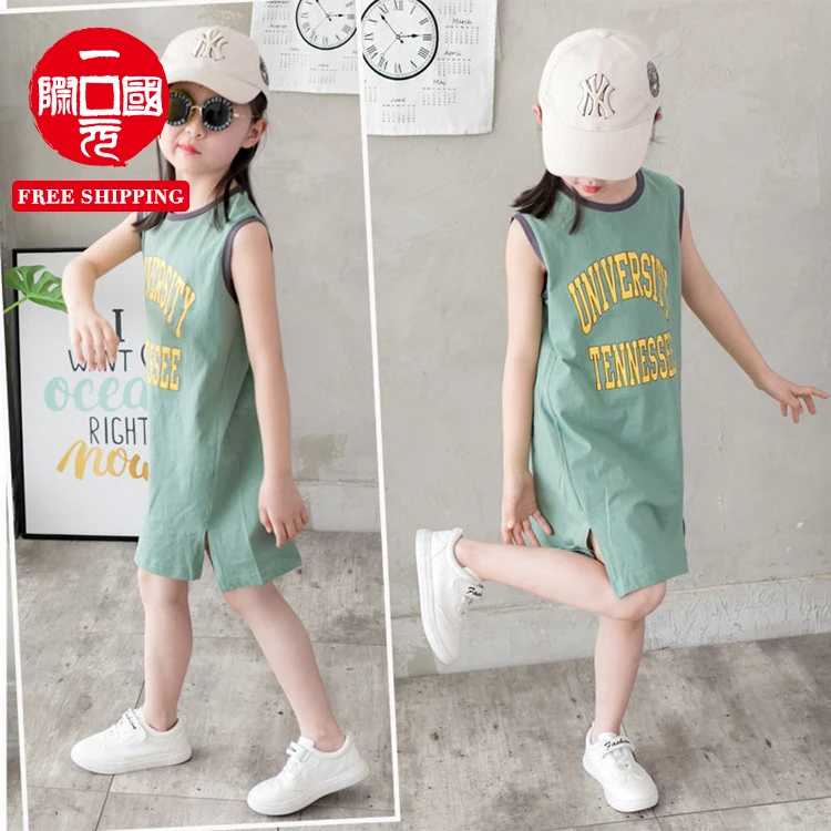 

2021 summer new girl's mid length dress large children's sleeveless T-shirt, baby clothes children's dress skirt