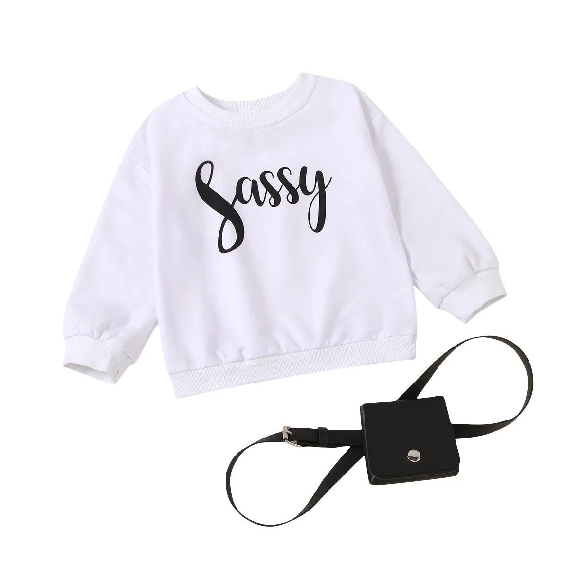 

Autumn Kids Girls Round Collar Long Sleeve Letter Print Tops With Black Waist Bag