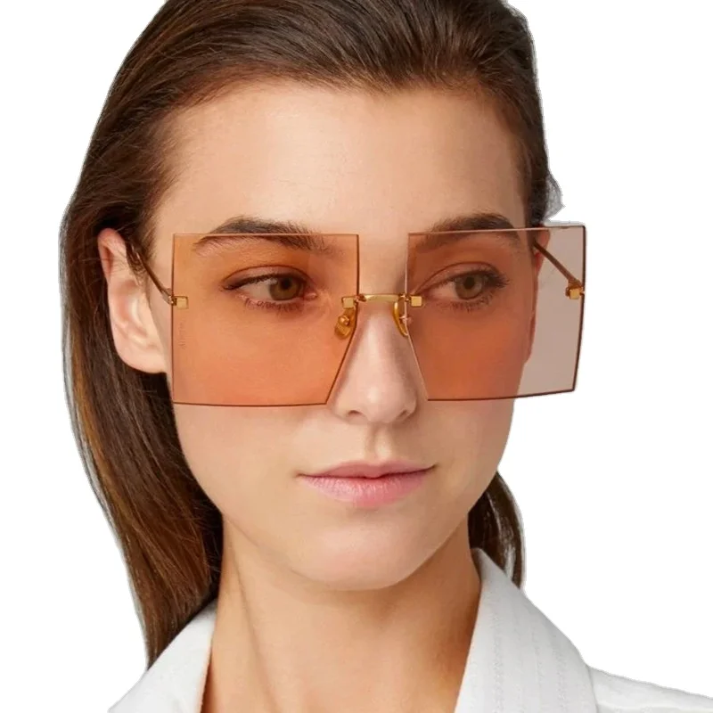

Designer Women Big Shades Oversized Frame Rimless Sunglasses Luxury Female Sun Glasses For Woman Authentic 2021, 5 colors for choice