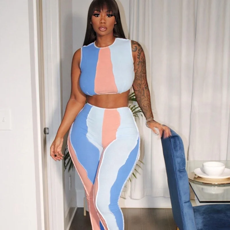 

2021 New Fashion Women Summer Sleeveless O Neck Contrast Color Slim Tank Tops And Leggings 2 Piece Set
