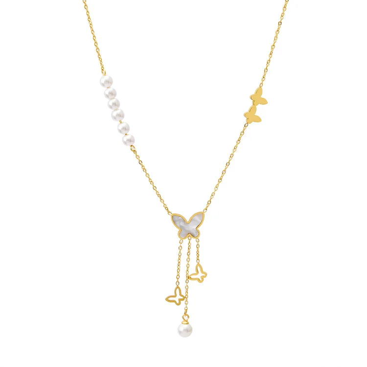 

Stainless Steel Pearl Butterfly Necklace Shell 3 Tassel Chain Choker Necklaces Pendants For Women New Fashion Jewelry