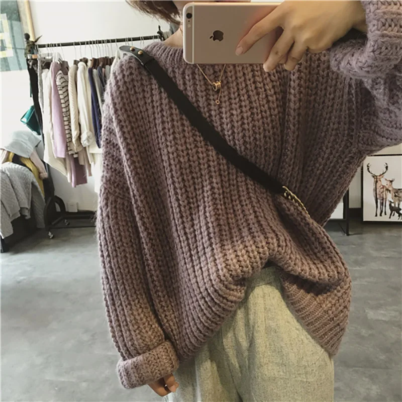 

CUHAKCI Retro Autumn Winter Knitted Sweater For Women Pull Femme Oversize Loose Long Sleeve Solid Color Long Warm Sweater Jumper