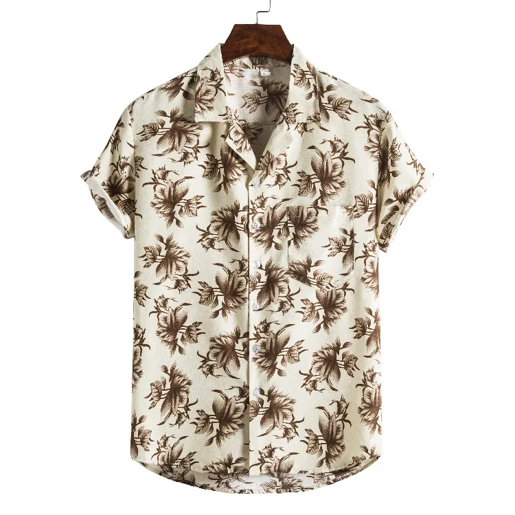 

2021 New Arrivals Tropical Hawaiian Short Sleeve Floral Print Cotton Linen Plus Size Casual Holiday Beach Dating Men's Shirt, Picture shown