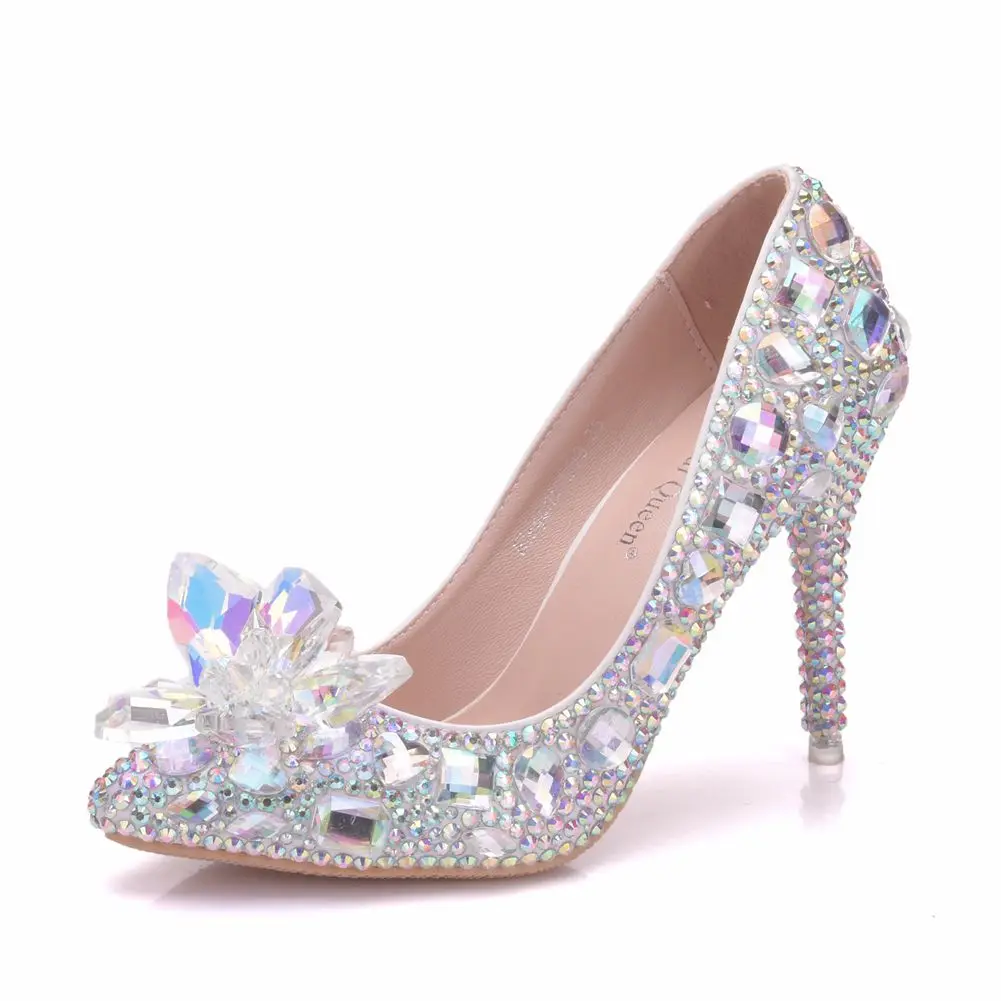 

LS112 New Ladies Wedding Shoes 9 CM Fine HighHeel Pointed Rhinestone Crystal Shoes Plus Size Cinderella Party Wedding Shoes