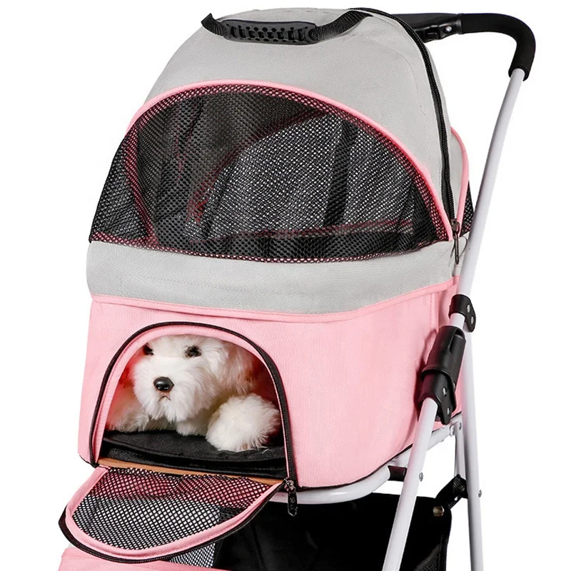 

Four Wheels Multifunctional Detachable Potable Durable Cats Dogs Strollers Pets Strollers For Sale, Pink and black