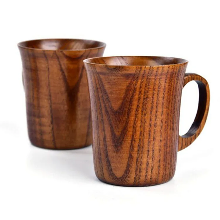 

H192 Office Water Beer Milk Carved Mug with Handle Natural Handmade Wood Cups & Saucers, Multi colour
