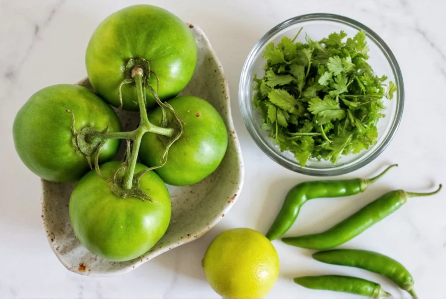 Fresh green chili sauce ingredients including tomatillos, serrano peppers, cilantro, and lime
