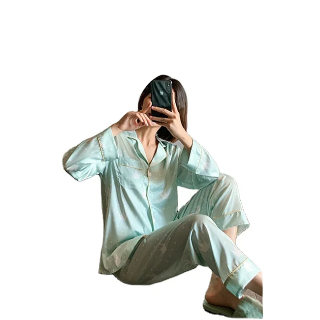 

Factory direct lapel loose satin print buttons pajamas for women, Shown