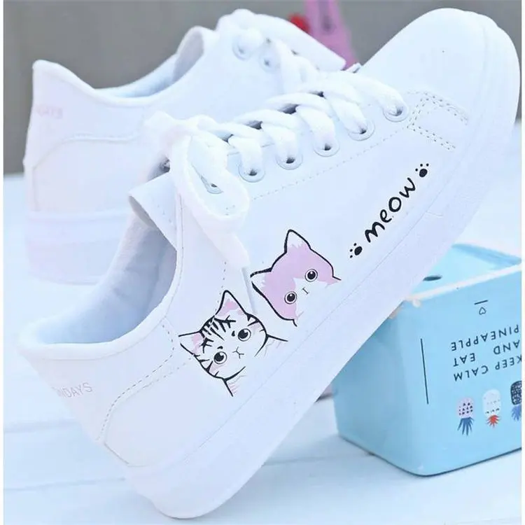

2020 Boys Girls Fashion White Candy Color Cute Cat Print Casual School Shoes Student Women Walk Shoes For Womens, Customized