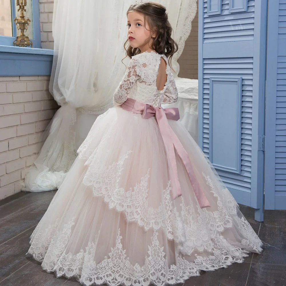 

Long Lace Ball Gown Kids Flower Girl Princess Evening Party Dress For Child, Customized