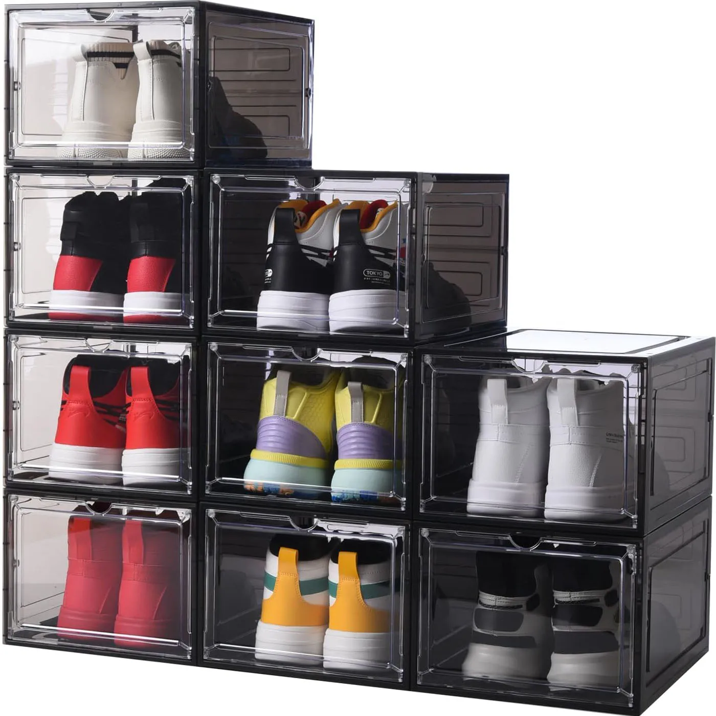 Stackable PP Injection Molded Rectangle Closet Storage Container Shoebox Hinge Lid Transparent Eco-Friendly Foldable Organizer