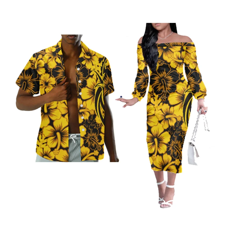

1 MOQ Drop Shipping Polynesian Samoan Tribal Design Custom 4XL Plus Size 2-Piece Suit Ladies off-shoulder Dress With Men's Shirt, Customized color