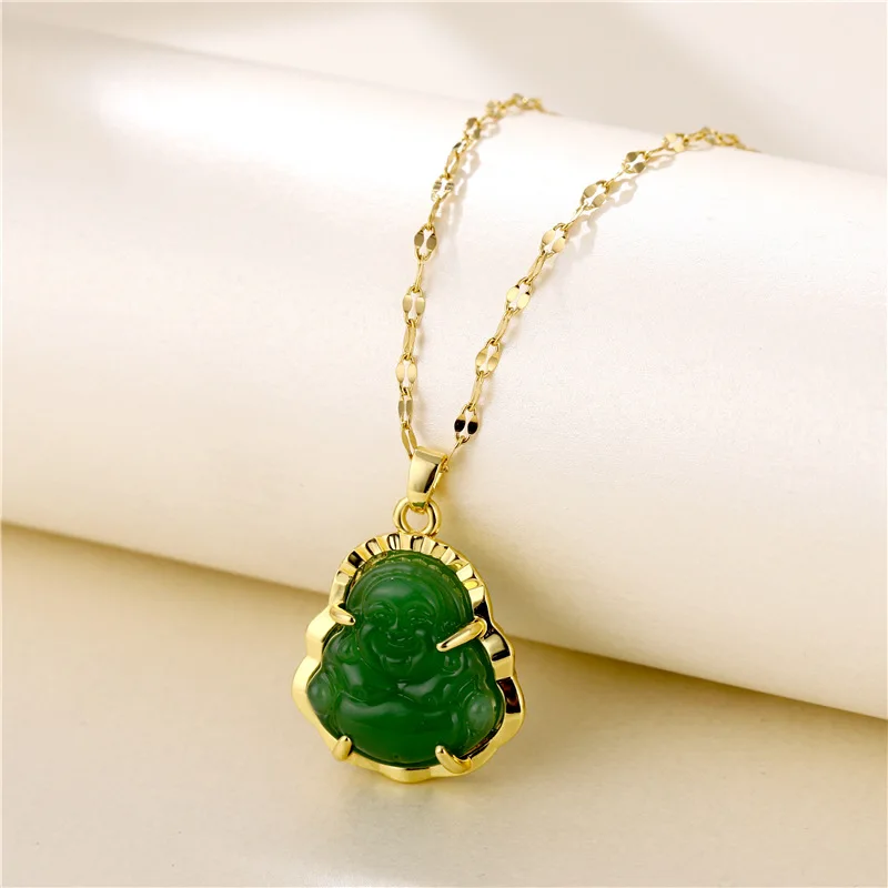 

Delicate Emerald Jade Laughing Buddha Pendant Necklace 18K Gold Plated Titanium Steel Green Agate Buddha Necklace