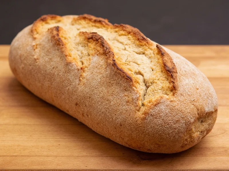Perfectly baked sourdough loaf with crackling crust on wooden board