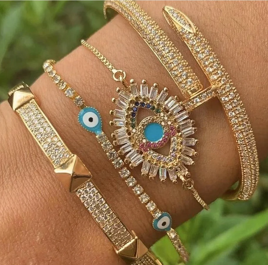 

Wholesale copper micro paved golded nail bracelets colorful eyes bracelets rivet bangle jewelry men&women gift party, Customized color